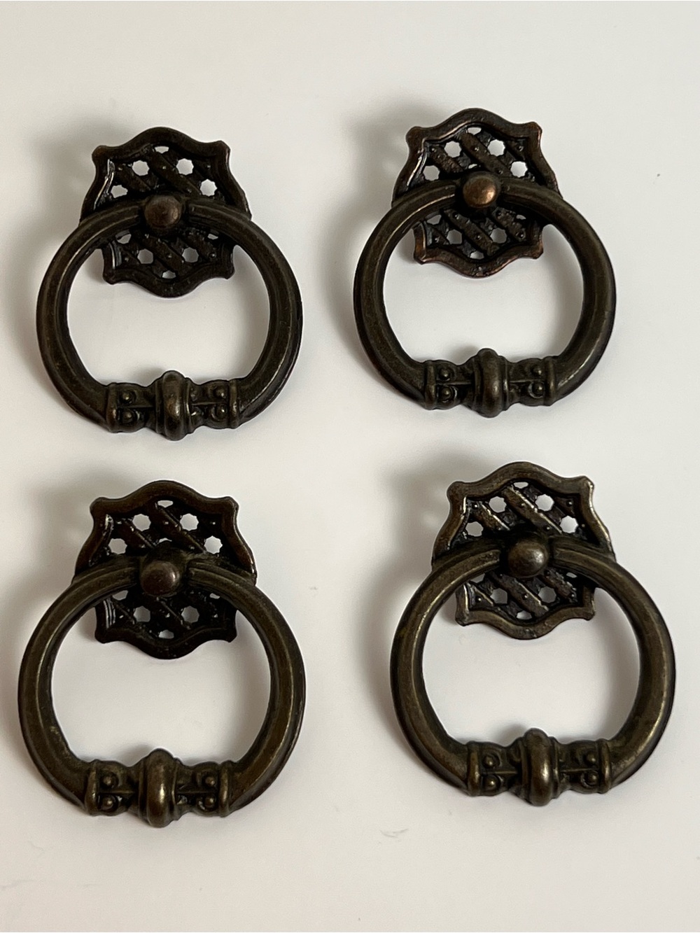 VTG Bronze Ring Drawer Pull Handles Ornate Basket Weave Lot of 4 Hardware